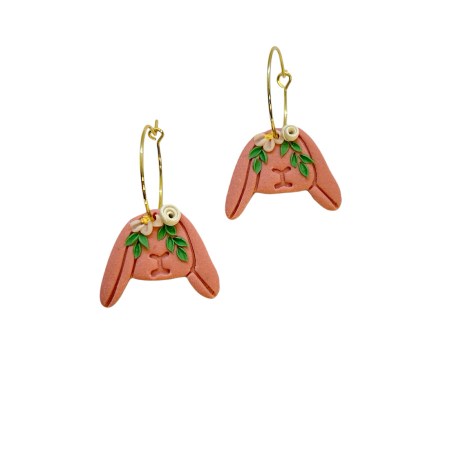 earrings hoops steel gold with pink rabbits3